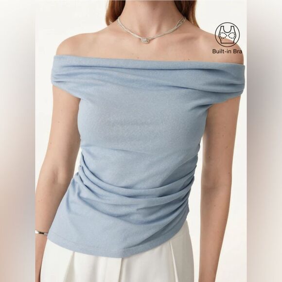 New OGL Cold Shoulder Cotton-Linen Gathered New Airy Brami - Arctic Fog Size M - Picture 1 of 10